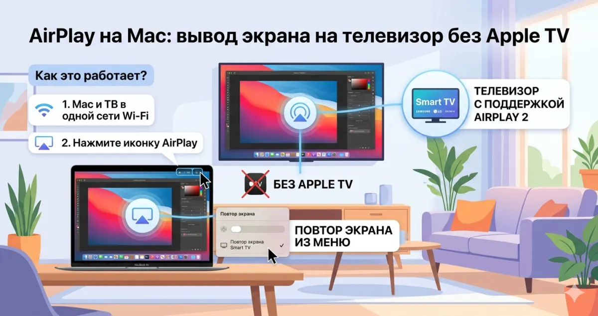 AirPlay на Mac: вывод экрана на телевизор без Apple TV