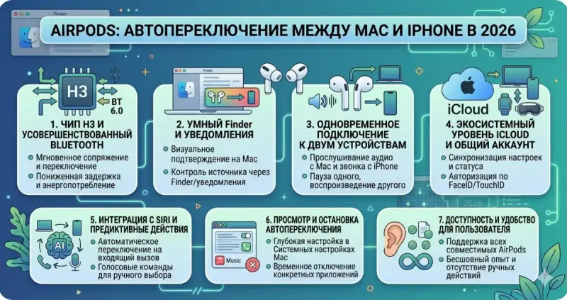AirPods: автопереключение между Mac и iPhone в 2026