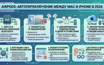 AirPods: автопереключение между Mac и iPhone в 2026
