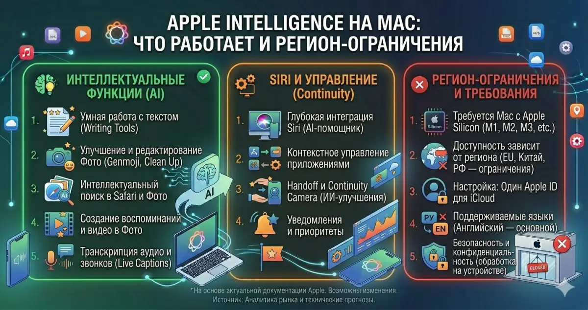 Apple Intelligence на Mac: что работает (и регион-ограничения)