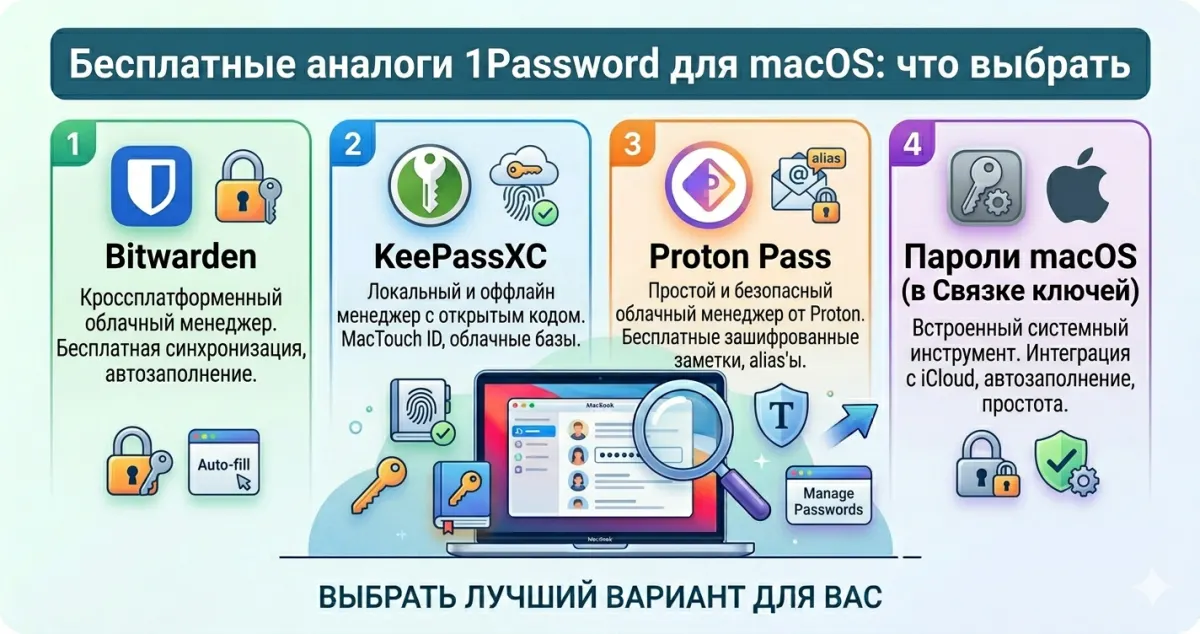 Бесплатные аналоги 1Password для macOS: Bitwarden, KeePassXC, Proton Pass