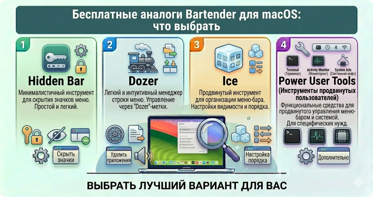 Бесплатные аналоги Bartender для macOS: Hidden Bar, Dozer, Ice