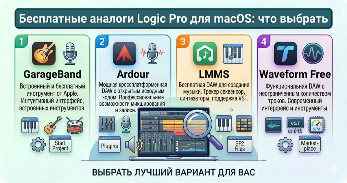 Бесплатные аналоги Logic Pro для macOS: GarageBand, Ardour, LMMS