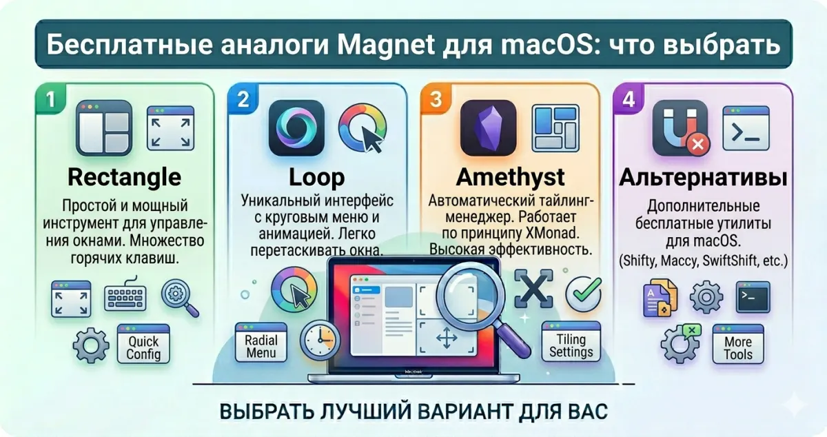 Бесплатные аналоги Magnet для macOS: Rectangle, Loop, Amethyst