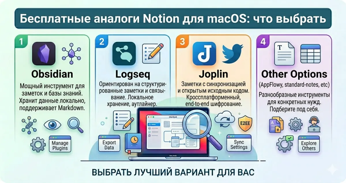Бесплатные аналоги Notion для macOS: Obsidian, Logseq, Joplin и другие