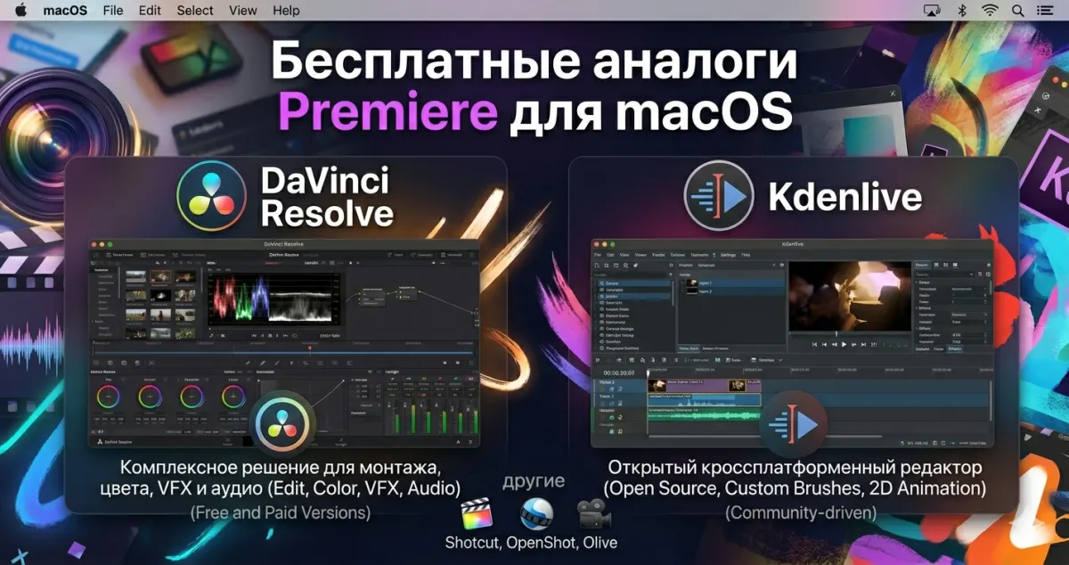 Бесплатные аналоги Premiere для macOS: DaVinci Resolve, Kde