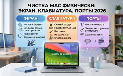 Чистка Mac физически: экран, клавиатура, порты 2026
