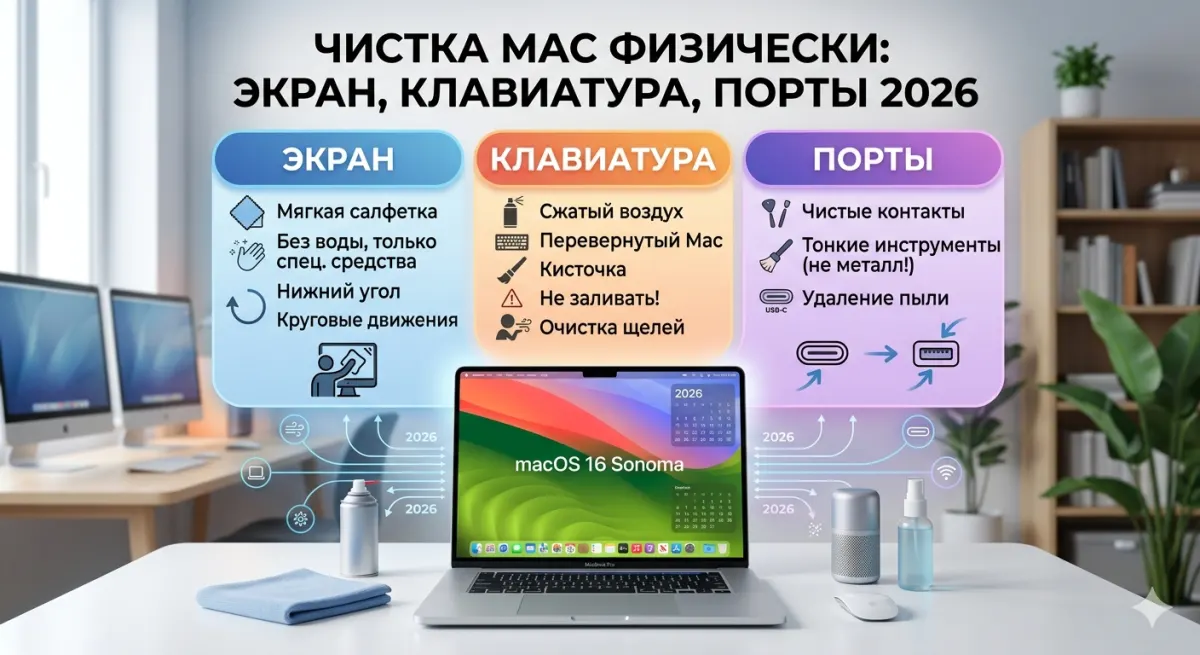 Чистка Mac физически: экран, клавиатура, порты 2026