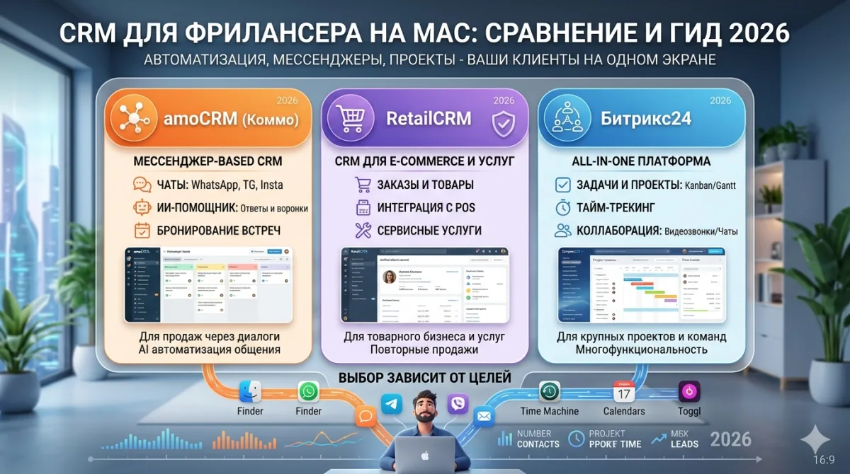 CRM для фрилансера на Mac: amoCRM, RetailCRM, Битрикс24 в 2026