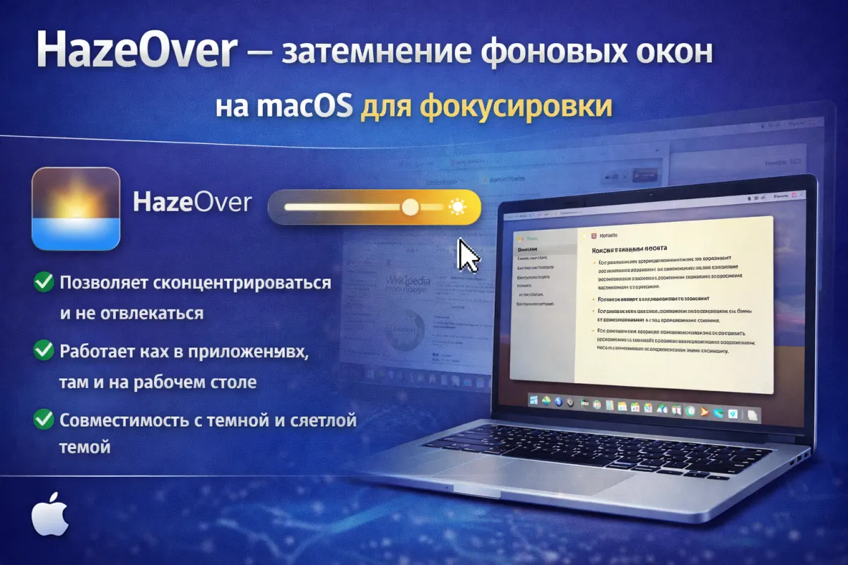 HazeOver — затемнение фоновых окон на macOS для фокусировки