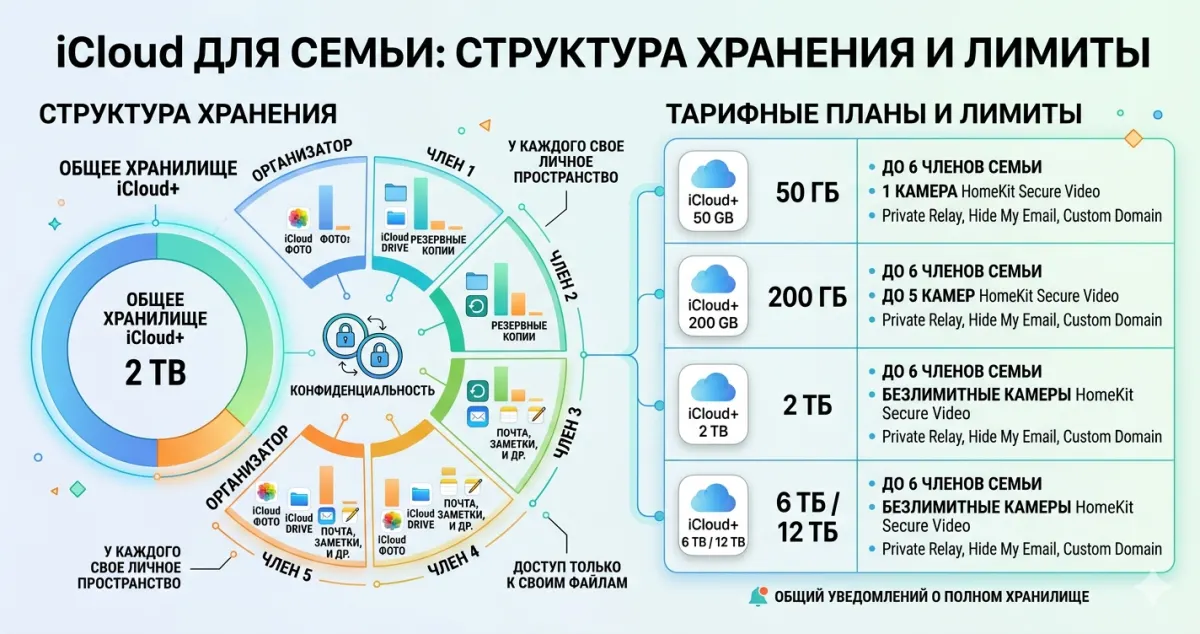 iCloud для семьи: структура хранения и лимиты