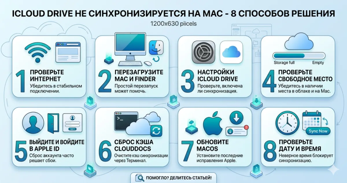 iCloud Drive не синхронизируется на Mac - 8 способов решения