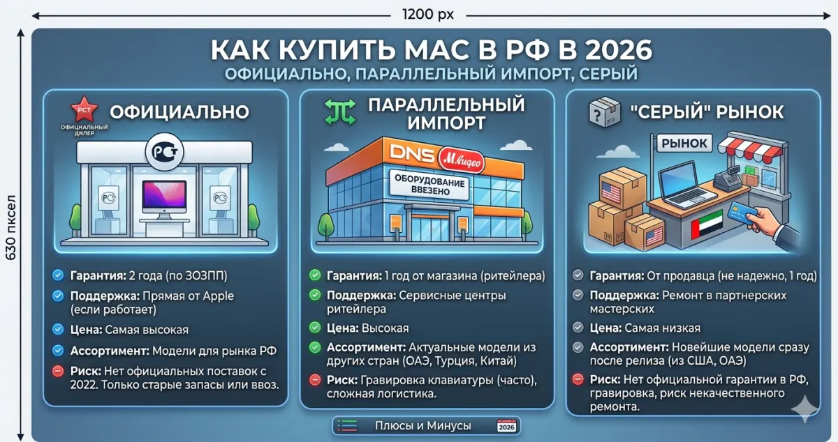 Как купить Mac в РФ в 2026: официально, параллельный импорт, серый