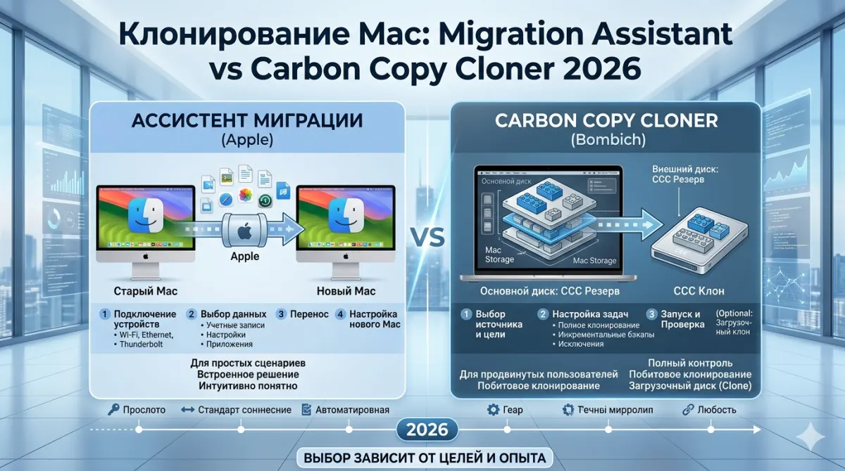 Клонирование Mac: Migration Assistant vs Carbon Copy Cloner 2026