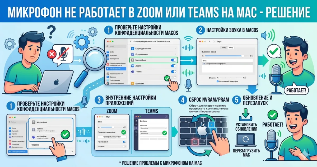 Микрофон не работает в Zoom или Teams на Mac - решение