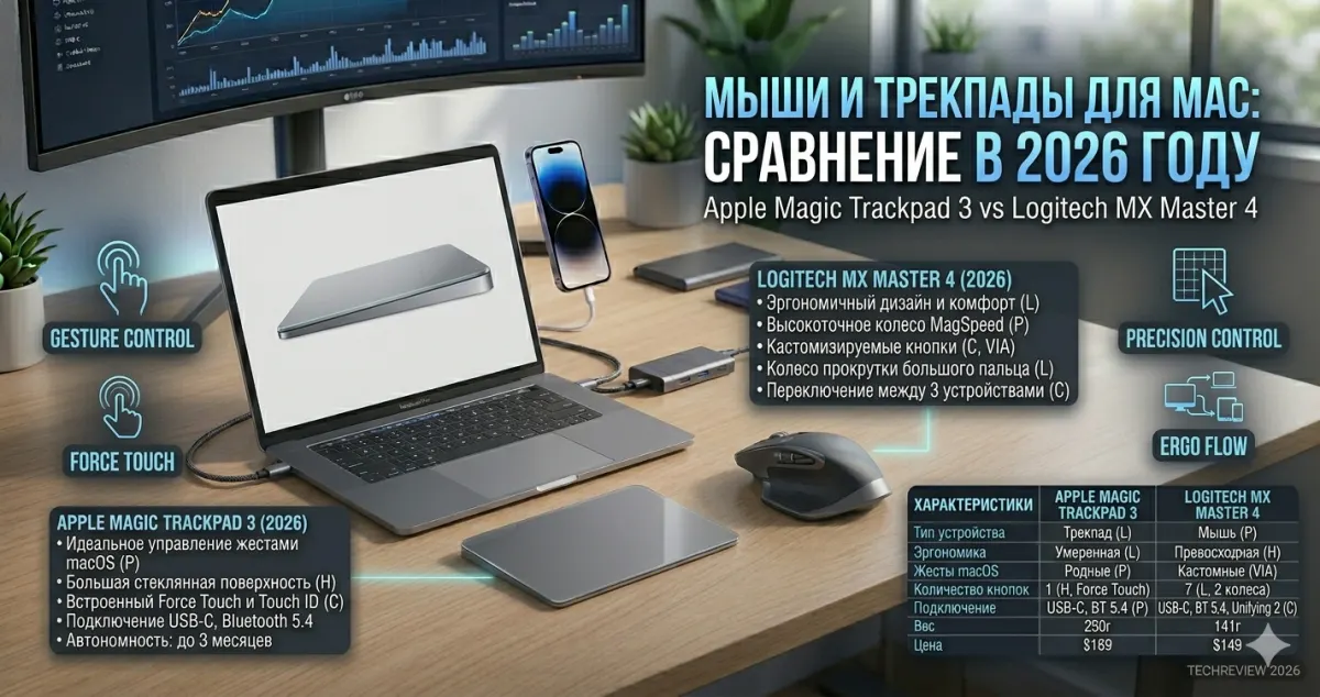 Мыши и трекпады для Mac: Magic Trackpad vs Logitech MX в 2026