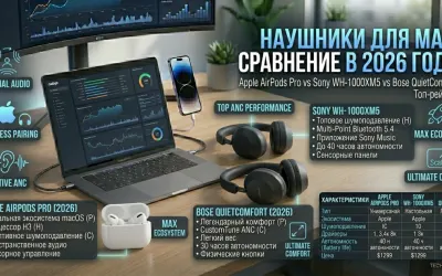 Наушники для Mac в 2026: Sony XM5 vs AirPods Pro vs Bose