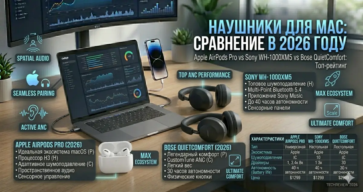 Наушники для Mac в 2026: Sony XM5 vs AirPods Pro vs Bose