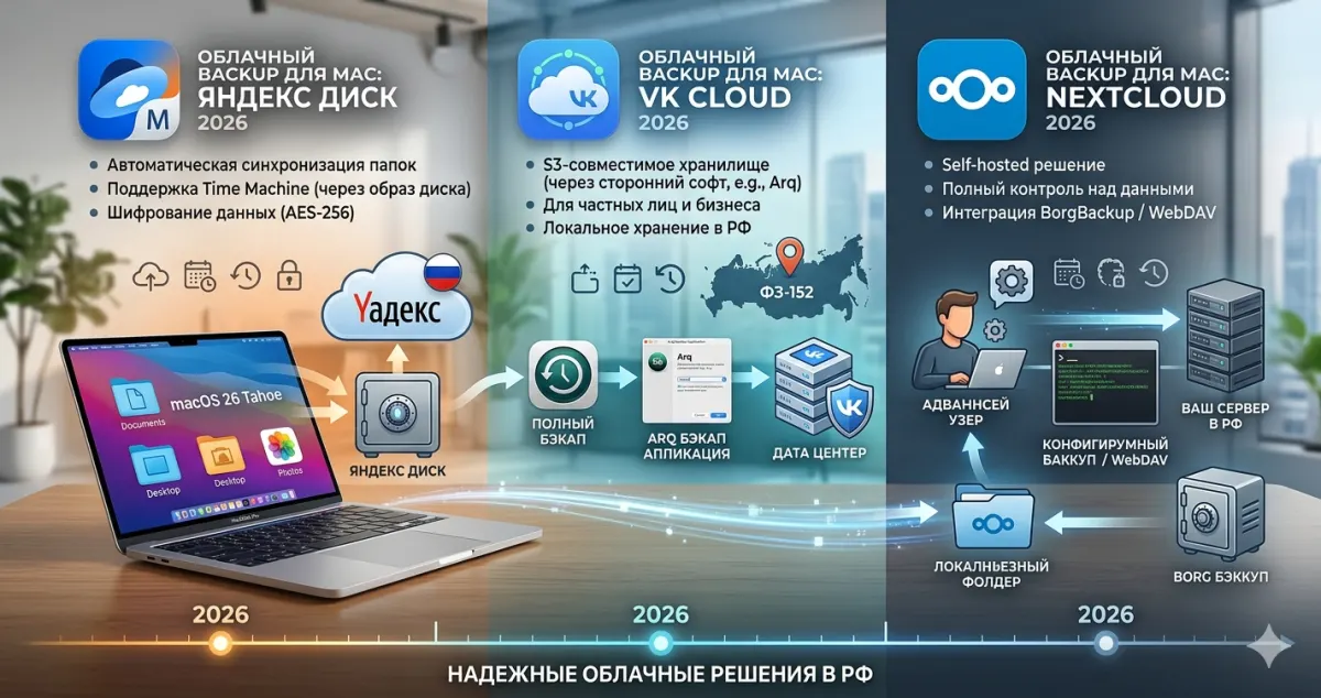 Облачный backup для Mac в РФ: Яндекс Диск, VK Cloud, Nextcloud 2026