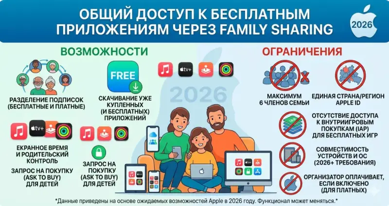 Общий доступ к бесплатным приложениям через Family Sharing 2026