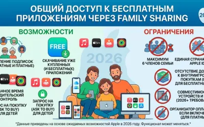 Общий доступ к бесплатным приложениям через Family Sharing 2026