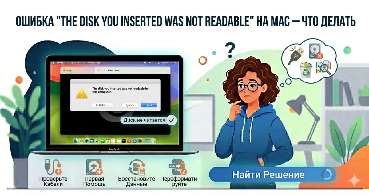 Ошибка «The disk you inserted was not readable» на Mac - что делать