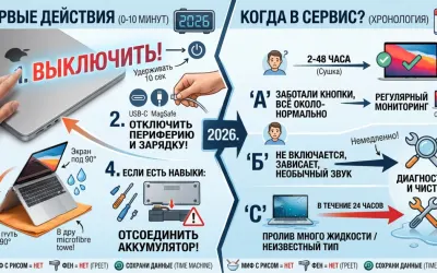Первые действия после пролива воды на MacBook (и когда в сервис) 2026