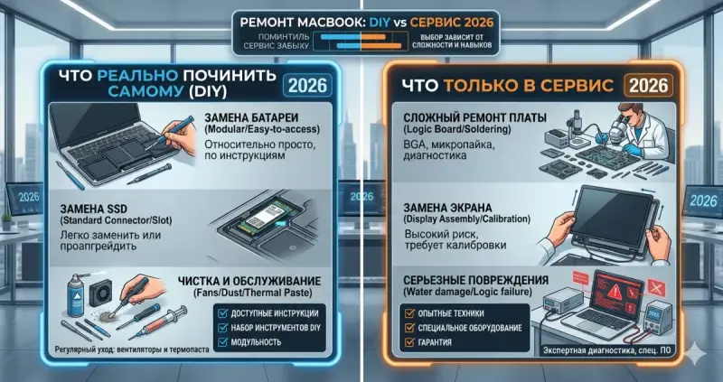 Ремонт MacBook: что реально починить самому, что только в сервис 2026