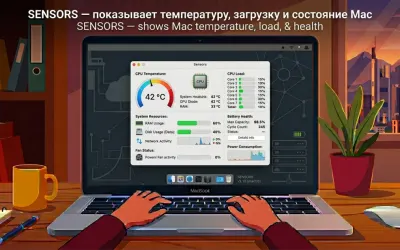 Sensors — показывает температуру, загрузку и состояние Mac