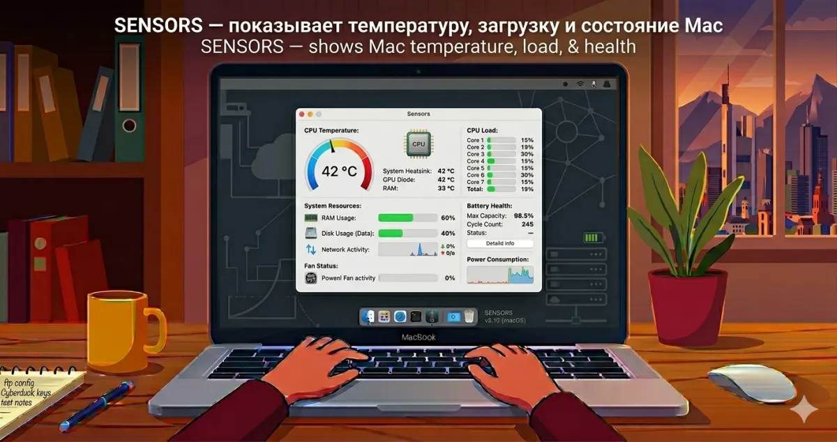 Sensors — показывает температуру, загрузку и состояние Mac