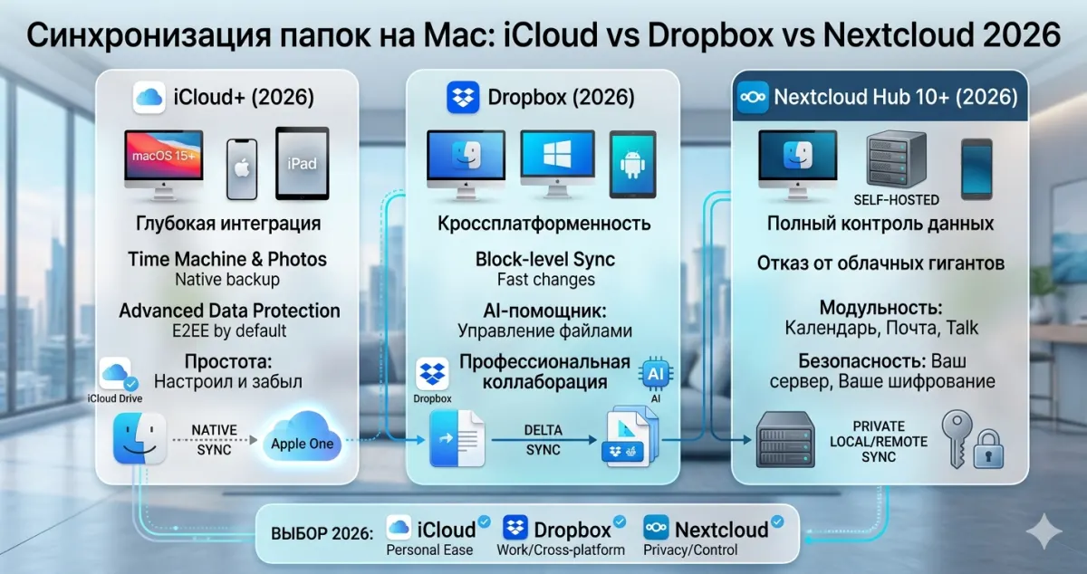 Синхронизация папок: iCloud vs Dropbox vs Nextcloud 2026
