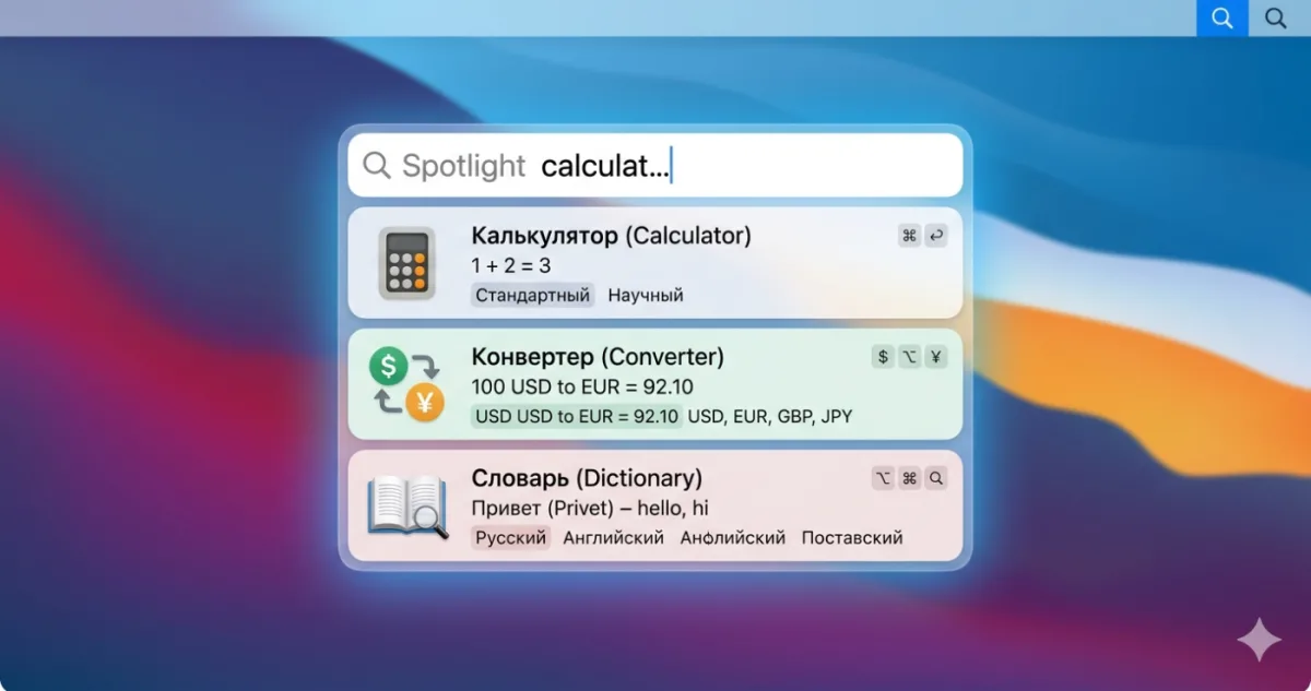 Spotlight на Mac: калькулятор, конвертер, словарь