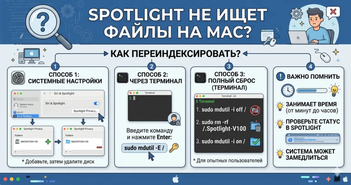 Spotlight не ищет файлы на Mac - как переиндексировать