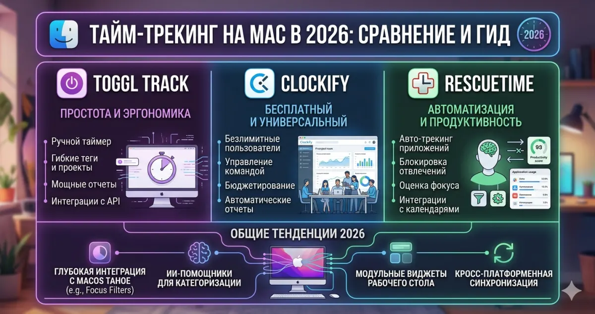 Тайм-трекинг: Toggl, Clockify, RescueTime на Mac в 2026