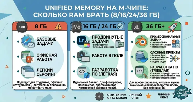 Unified Memory на M-чипе: сколько RAM брать (8/16/24/36 ГБ)