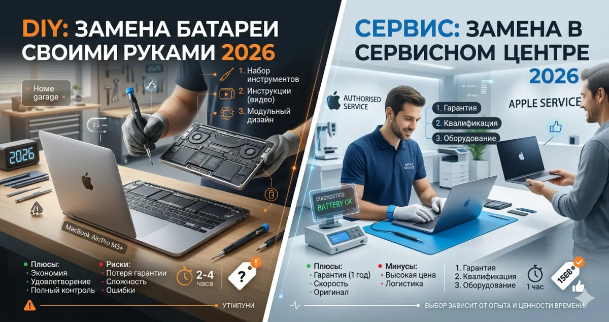 Замена батареи MacBook: DIY vs сервис 2026