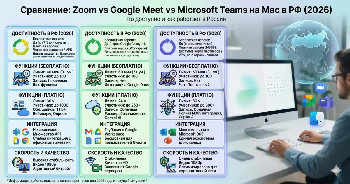 Zoom vs Google Meet vs Microsoft Teams на Mac: что доступно в РФ 2026